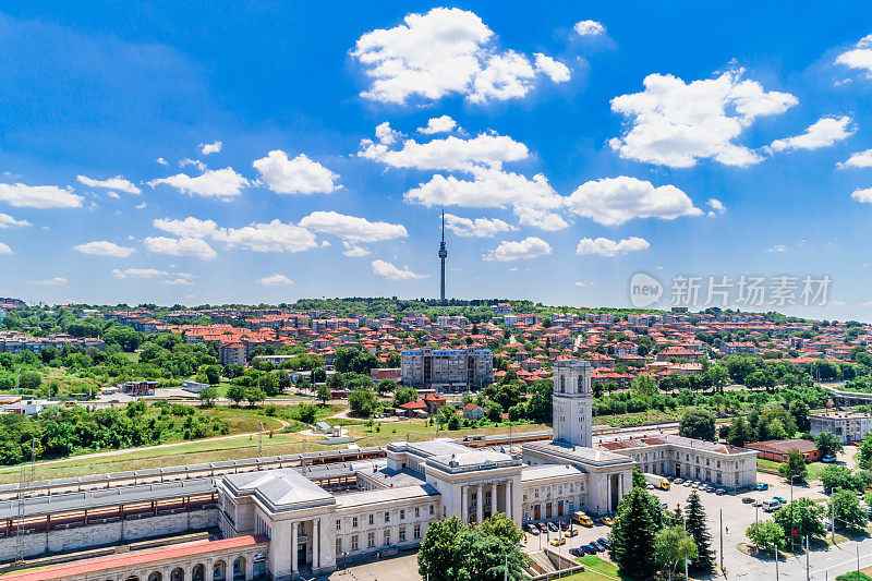 Aerial view of Ruse train station, Ruse cityscape and telecommunication tower - (Bulgarian: ЖП гара Русе, България)